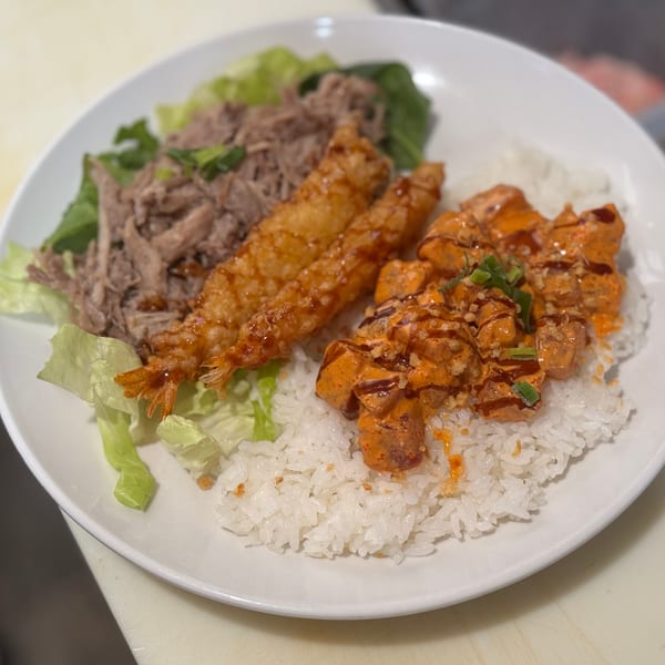 A white plate with rice, pulled pork, fried shrimp, and spicy salmon with sauce and green onions.